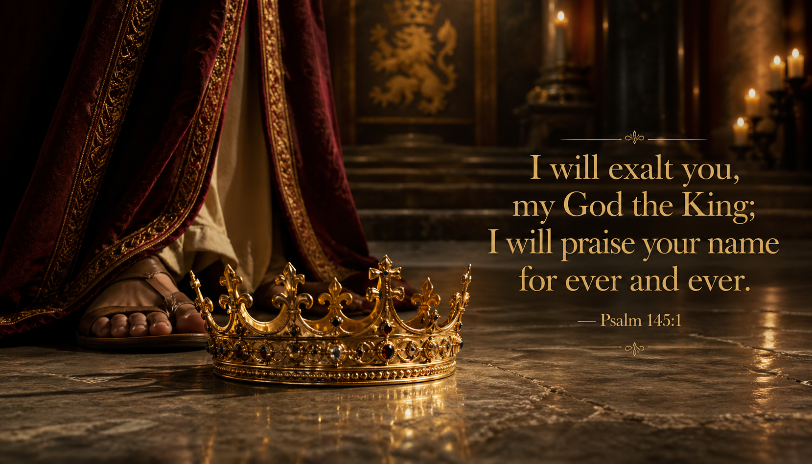 Gold crown placed at someone's feet with Psalm 145:1 Bible verse about exalting God the King forever